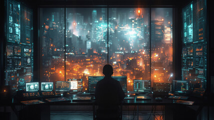 Wall Mural - An investor sits in their office surrounded by screens displaying different augmented reality visualizations of their investment portfolio. Each visualization provides indepth