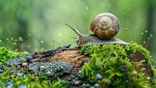 Video Of A Snail On A Mossy Log Surrounded By Small Plants In A Forest Environment.