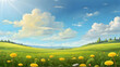 Beautiful meadow with fresh grass and yellow dandelion flowers in nature against a blurry blue sky with clouds. Summer spring perfect natural scenery. Cartoon or anime illustration style.