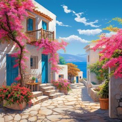  A narrow cobblestone street winds through a town, lined with pink bougainvillea flowers cascading from whitewashed buildings. Sunlight bathes the scene in a warm glow.