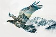 A regal eagle superimposed with the rugged peaks of a mountain range in a double exposure