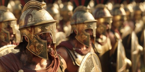 Wall Mural - A group of Hoplites return from battle their weapons stained with and their faces marked with victory. They march with pride and honor knowing they have proven their strength