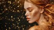 Fashion model girl in gold, golden makeup and hair, jeweled elegance, dramatic on black, high contrast lighting AI Generative