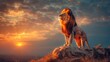 © sorapop - majestic lion, future king, standing on pride rock, sunrise horizon, epic, vibrant savannah landscape, cinematic, golden hour lighting, AI Generative