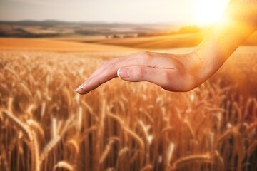 Wall Mural - Golden big wheat field and human hands