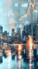 Double exposure of city, graph and rows of coins for finance and business concept