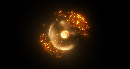Wall Mural - abstract yellow orange energy glowing digital sphere atom made of iridescent energy from moving elec