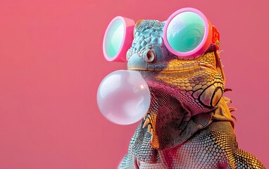 Wall Mural - Iguana reptile blowing bubble gum wearing goggles fashion portrait on solid pastel background. Birthday party. presentation. advertisement. invitation. copy text space.