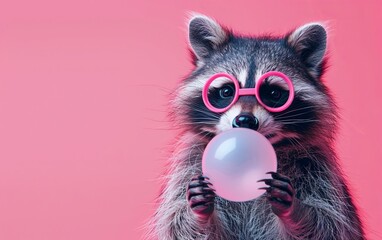 Wall Mural - Raccoon blowing bubble gum wearing goggles fashion portrait on solid pastel background. Birthday party. presentation. advertisement. invitation. copy text space.