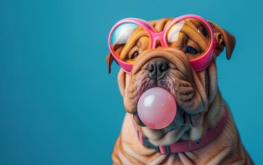 Wall Mural - Shar Pei dog blowing bubble gum wearing goggles fashion portrait on solid pastel background. Birthday party. presentation. advertisement. invitation. copy text space. 