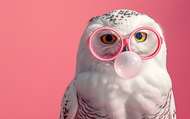 Wall Mural - White Owl bird blowing bubble gum wearing goggles fashion portrait on solid pastel background. Birthday party. presentation. advertisement. invitation. copy text space.