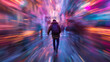 Person walking in a vibrant light tunnel.