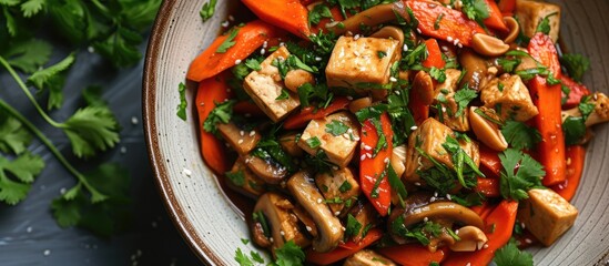 A bowl on a table contains tofu and vegetables, including vibrant carrots and earthy mushrooms, drizzled with a savory Thai sauce, creating a delicious Thai delight.