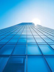 An office building towers into the clear blue sky reflecting sunlight