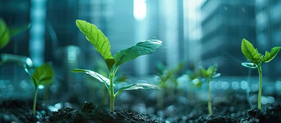 Wall Mural - A close-up view of a cluster of thriving green plants growing in nutrient-rich soil. The plants display vibrant colors and various textures, showcasing their natural growth process in the earth.