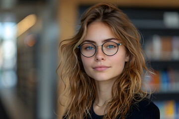 Wall Mural -  photo of an attractive woman doing homework at the library, glasses, candid photo