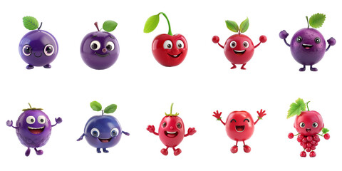 Collection of animated fruit characters with expressive faces, isolated on a transparent background, perfect for educational content or marketing related to healthy eating and nutrition