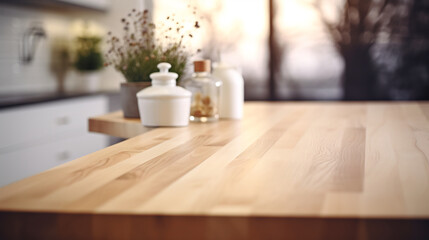 Wall Mural - Empty Wooden Kitchen Counter with Blurred Modern Kitchen Background. Interior Design Concept