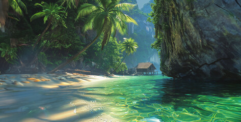 Wall Mural - Hidden Paradise Towering cliffs embrace a secret cove, pristine sand kissed by clear water. Sunlight filters through palms, weathered shack whispers stories realistic stock photwaterfall in the forest