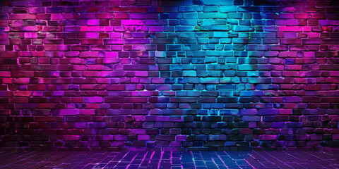 Wall Mural -  a purple and blue neon  brick wall with lights, banner brick wall texture design 