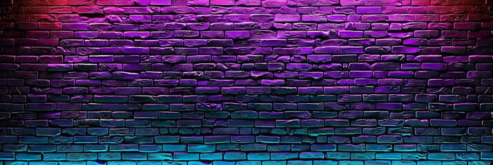 Wall Mural -  a purple and blue neon  brick wall with lights, banner brick wall texture design 