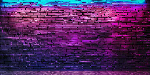 Wall Mural -  a purple and blue neon  brick wall with lights, banner brick wall texture design 