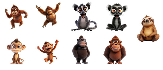 Collection of cartoon primates with diverse expressions and poses, isolated on a transparent background, ideal for jungle or wildlife themed projects and children's educational materials