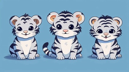 Set of three different cute tigers. Black and white colors. Hand drawn colorful trendy Vector illustration. Cute character. Cartoon style.