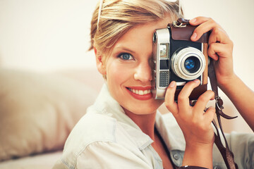 Poster - Portrait, woman and camera lens for retro, fashion and casual outfit for weekend getaway in Germany. Smile, female person and analog shutter for fashionable, clothing and photography on vacation