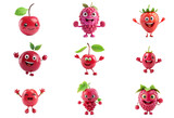 Fototapeta  - Collection of cartoon fruit characters with expressive faces, including cherry, raspberry, and strawberry, isolated on a transparent background