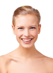 Poster - Happy woman, portrait and beauty with cosmetics for facial treatment or skincare on a white studio background. Face of young female person or model with smile in satisfaction for salon or dermatology