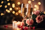 Fototapeta Londyn - Two glasses of champagne on table with roses, champagne at celebration, champagne and roses on table