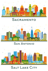 Wall Mural - San Antonio Texas, Salt Lake City Utah and Sacramento USA city Skyline set with Color Buildings isolated on white. Cityscape with landmarks.