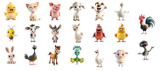 Collection of adorable cartoon farm animals and birds, including chicken, pig, cow, and bee, isolated on a transparent background perfect for children's content or educational graphics