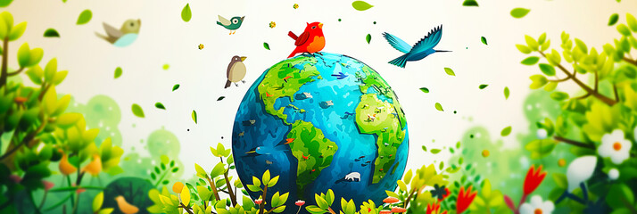 Wall Mural - Illustration of a bird flying around a sphere of pretty flowers and lush green earth.