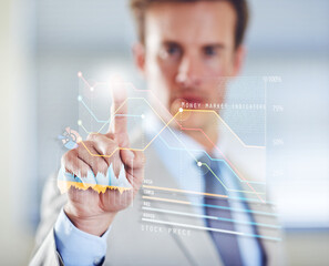 Poster - Charts hologram, hand or businessman in the stock market for finance analysis, trading database or economy. Touchscreen, research or financial trader reading investment statistics, profit analytics