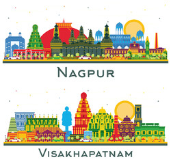 Wall Mural - Visakhapatnam and Nagpur India City Skyline set with Color Buildings isolated on white. Business Travel and Tourism Concept with Historic Architecture. Cityscape with Landmarks.