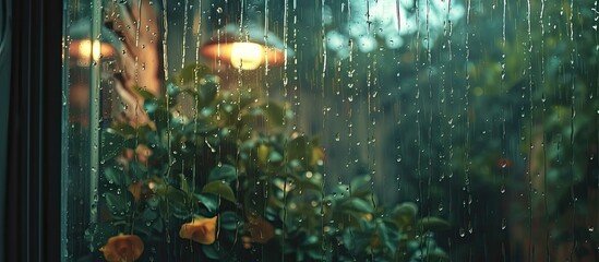 Poster - Raindrops are seen falling down on a window, creating a mesmerizing pattern as they slide and accumulate. The water droplets distort the view outside, showcasing the effects of a recent rain shower.