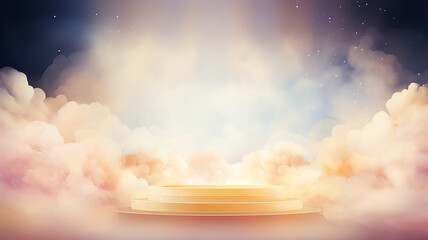 Wall Mural - an empty golden podium on a cloudy background for the presentation of goods in watercolor style