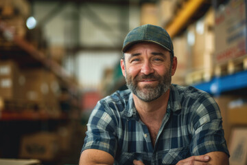 Happy American male warehouse worker looks at camera
