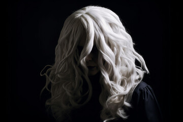 Fashion, make-up, hairstyle and horror concept. Woman fully covering her face with white hair in black background with copy space. Minimalist style