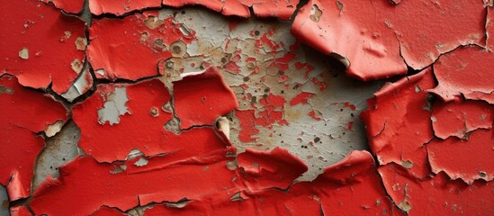 Canvas Print - This photo shows a close-up view of a cracked metal sheet with peeling red paint. The deterioration of the paint reveals layers of history and wear on the wall.