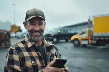 Wall Mural - Happy truck driver using cell phone on parking lot and looking at camera