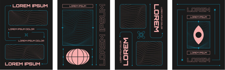 Fototapete - Poster and banner template with wireframe abstract pattern with liquid shape and simple geometric sticker elements on black background. Vector set of retro design layout with grid figure in y2k style.