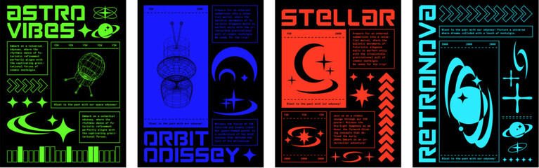 Fototapete - Retro futuristic techno posters set. Vector illustration of retrowave aesthetic banners with wireframe space satellite, radar, planet globe, moon icons on black background, y2k vibe flyer templates