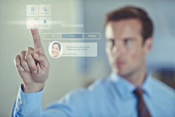 Poster - Businessman, message and notification on digital interface, contact and manage staff in workplace. Corporate person, touch and communication or conversation for employee or worker in hologram