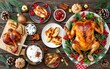 Baked turkey or chicken. The Christmas table is served with a turkey, decorated with bright tinsel and candles