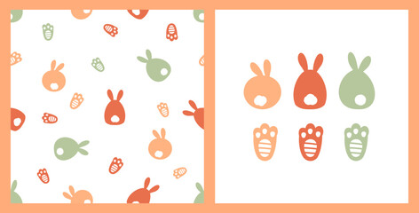 Canvas Print - Seamless pattern with bunny cartoons and foot print on white background. Rabbit set and foot print icon sign isolated on white background vector.