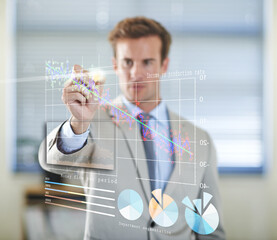 Poster - Future, touch or businessman charts with hologram or overlay for technology for growth statistics. 3d, financial or entrepreneur with touchscreen for money flow info, database or enterprise graphs
