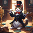 cat magician showing magic spell